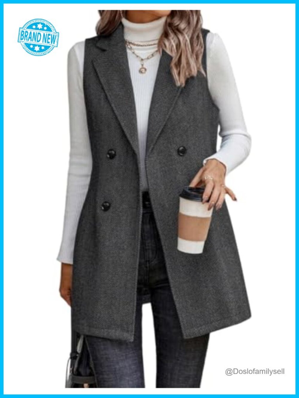 Sleeveless Tweed Blazer Vest Long Herringbone Wool Blend Notch Lapel Double